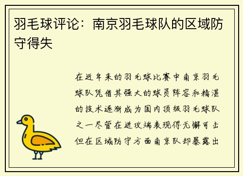 羽毛球评论：南京羽毛球队的区域防守得失