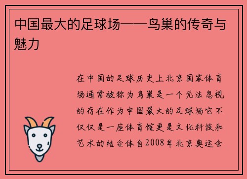 中国最大的足球场——鸟巢的传奇与魅力