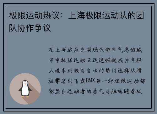 极限运动热议：上海极限运动队的团队协作争议