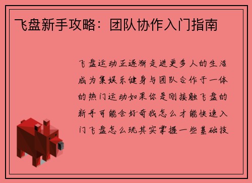 飞盘新手攻略：团队协作入门指南