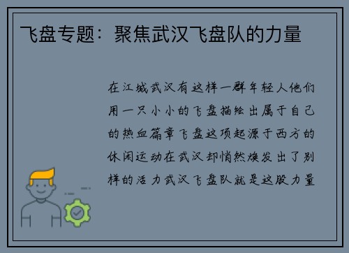 飞盘专题：聚焦武汉飞盘队的力量